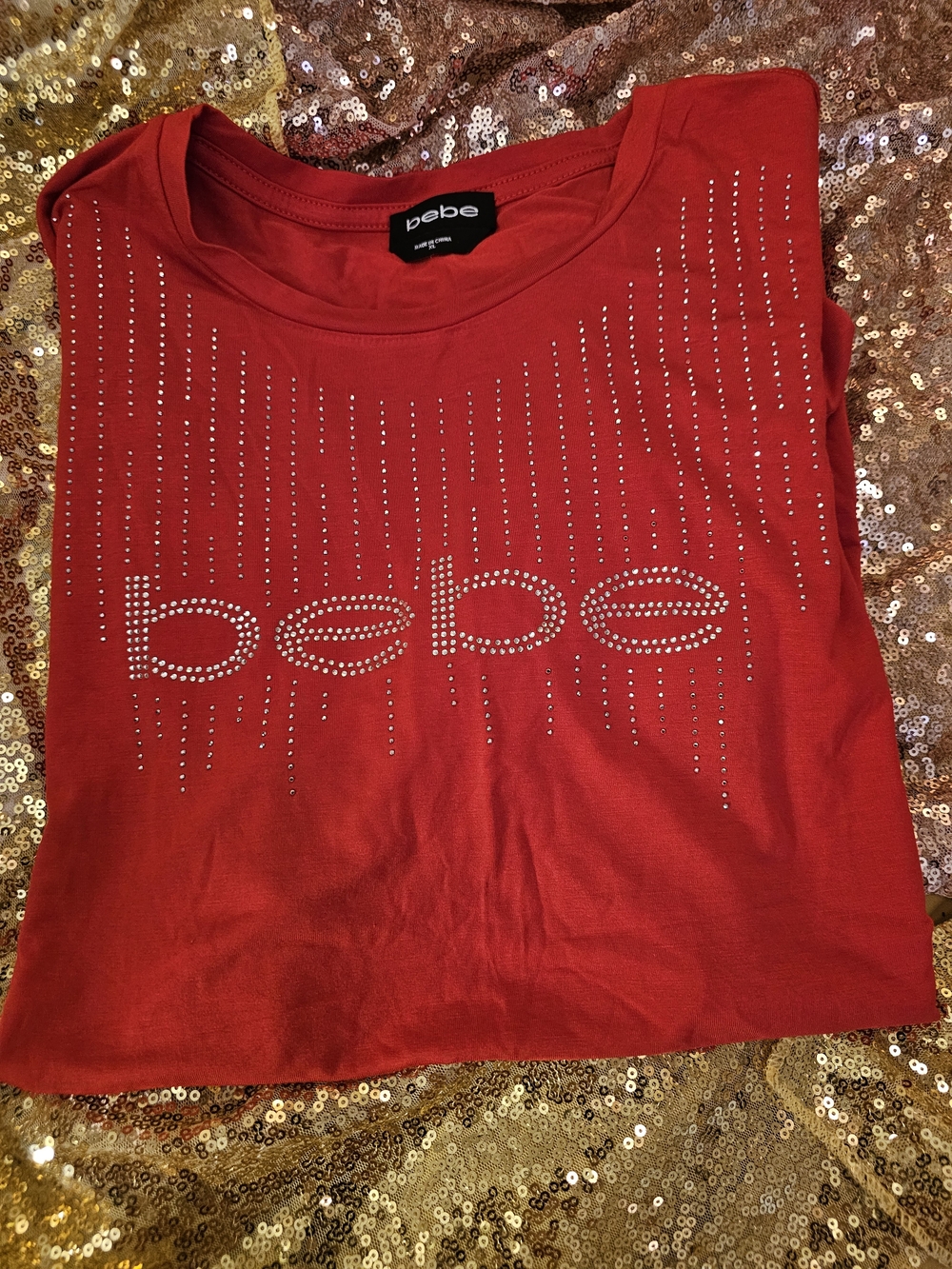 bebe Red Crystal Logo Tee